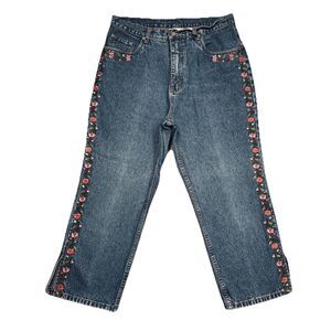 Bill Blass Embroidered Crop Jeans 12 (32x23) Blue High Rise Cotton Denim Womens